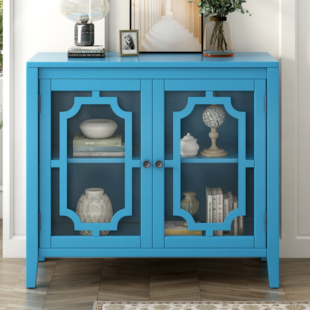 Wood Double Glass Door Accent Cabinet, Blue, 34" X 15"