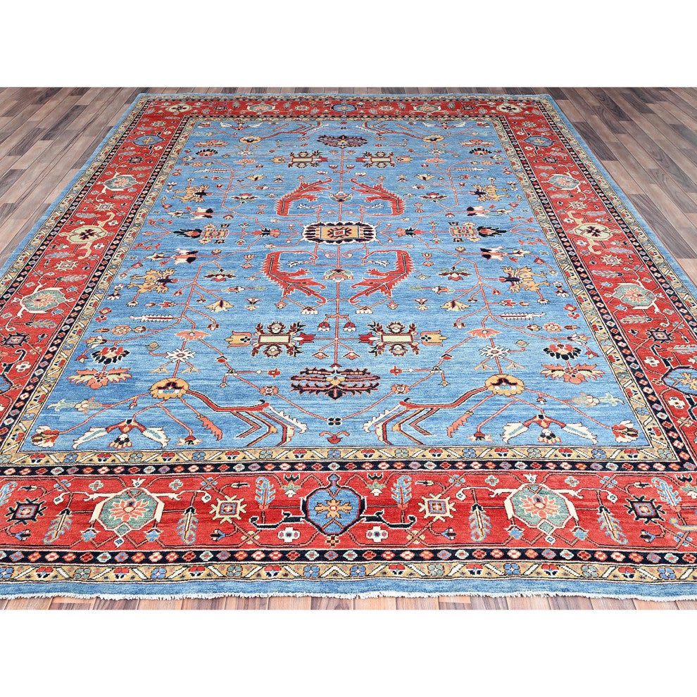 Blue, Extra Soft Wool, Afghan Peshawar, Hand Knotted, Oriental Rug, 9'x11'6"