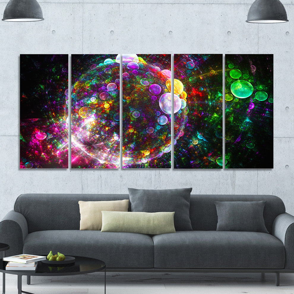 Multi Color Fractal Spherical Bubbles, Abstract Canvas Print, 60"x28", 5 Panels