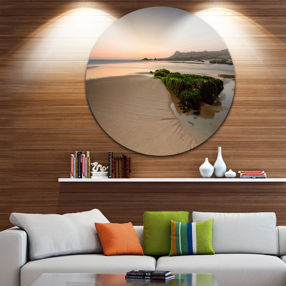 Beach At Sunset In Spain, Seashore Photography Round Metal Artwork, 11"