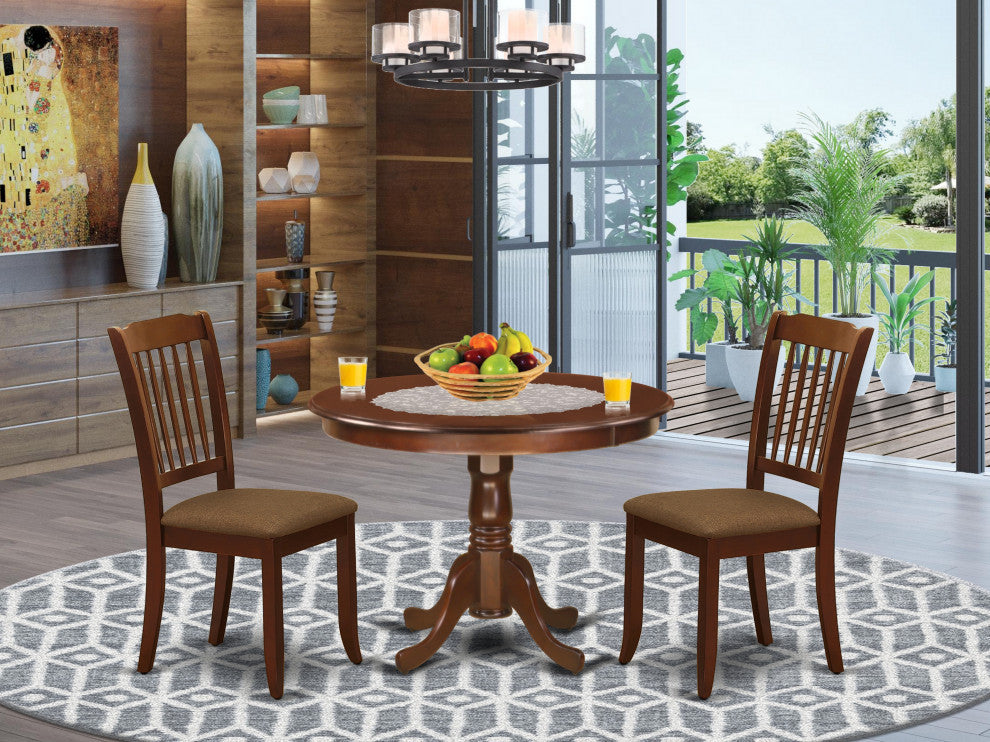 3Pc Dinette Set, Rounded Table, Two Linen Seat Chairs, Mahogany Finish