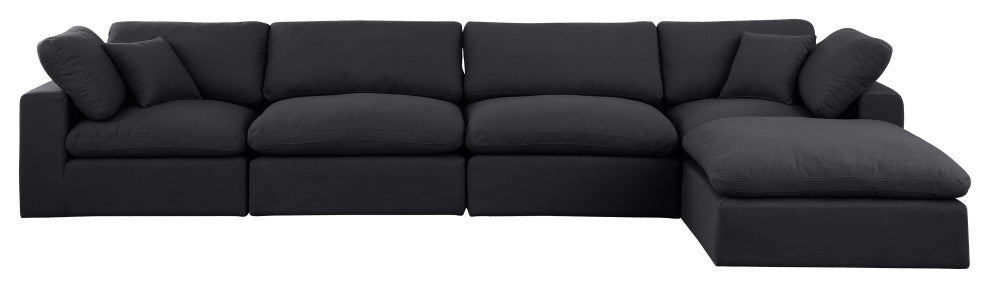 Comfy Upholstered L-Shaped Modular Sectional, Black, 5-Piece: 2 Armless Chair, 2 Corner Chair, 1 Ottoman, Linen Textured Fabric