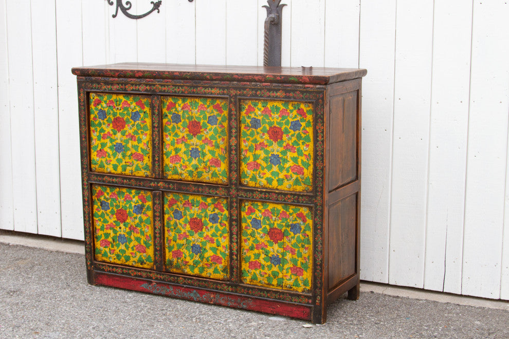Antique Painted Floral Tibetan Cabinet