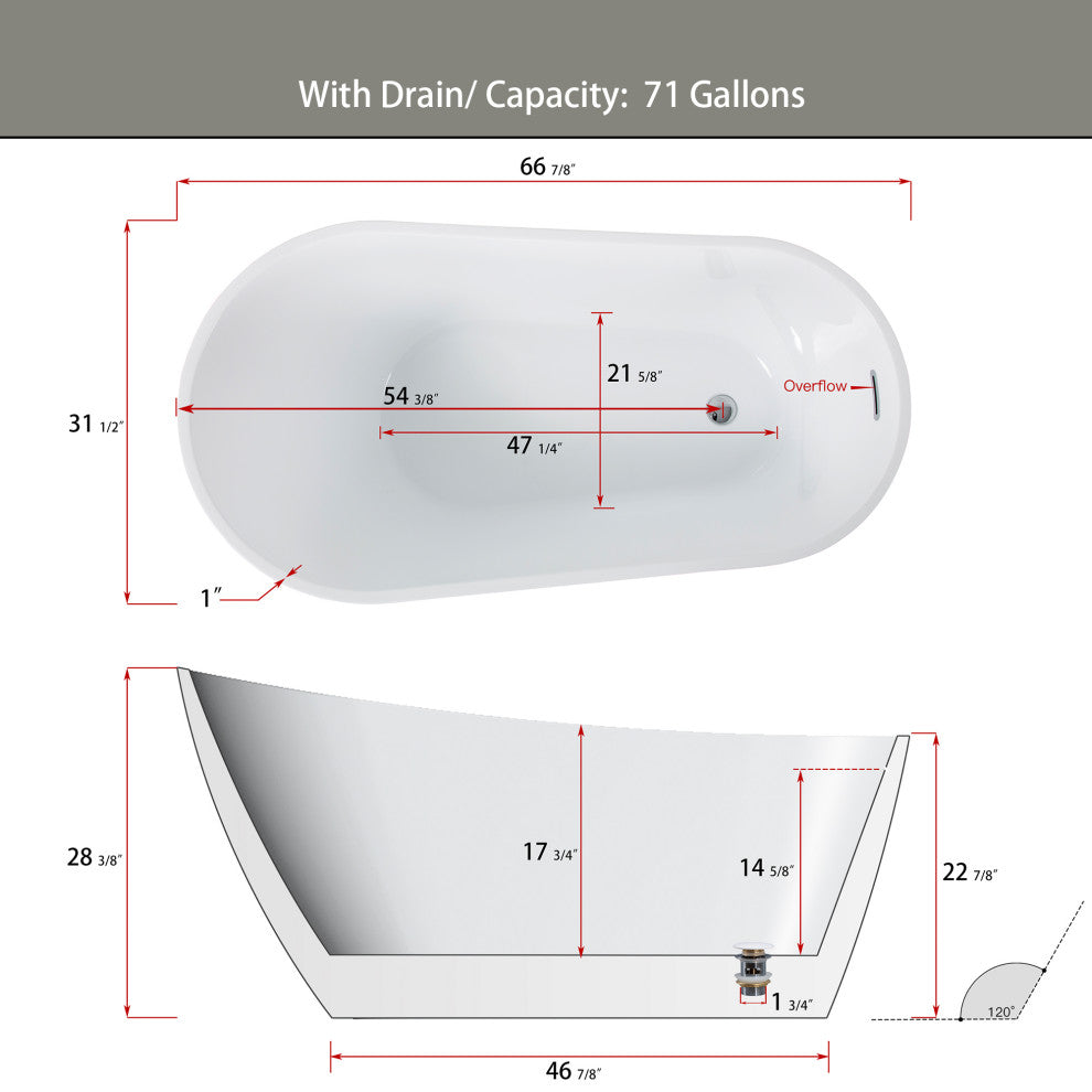 JimsMaison Acrylic Single Slipper Freestanding Soaking Bathtub, 67x31