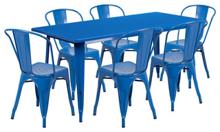 31.5" x 63" Rectangular Blue Metal Indoor-Outdoor Table Set with 6 Stack Chairs