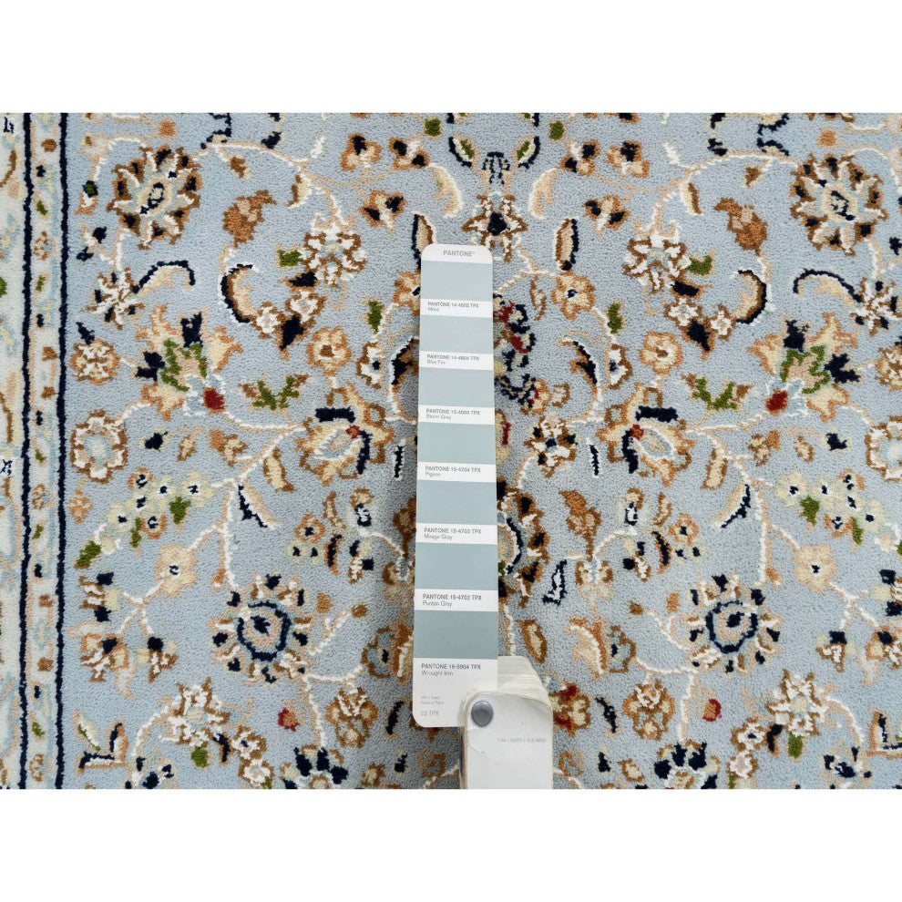 Light Blue, Nain 250 KPSI, Wool and Silk Hand Knotted Runner Rug, 2'6"x13'9"