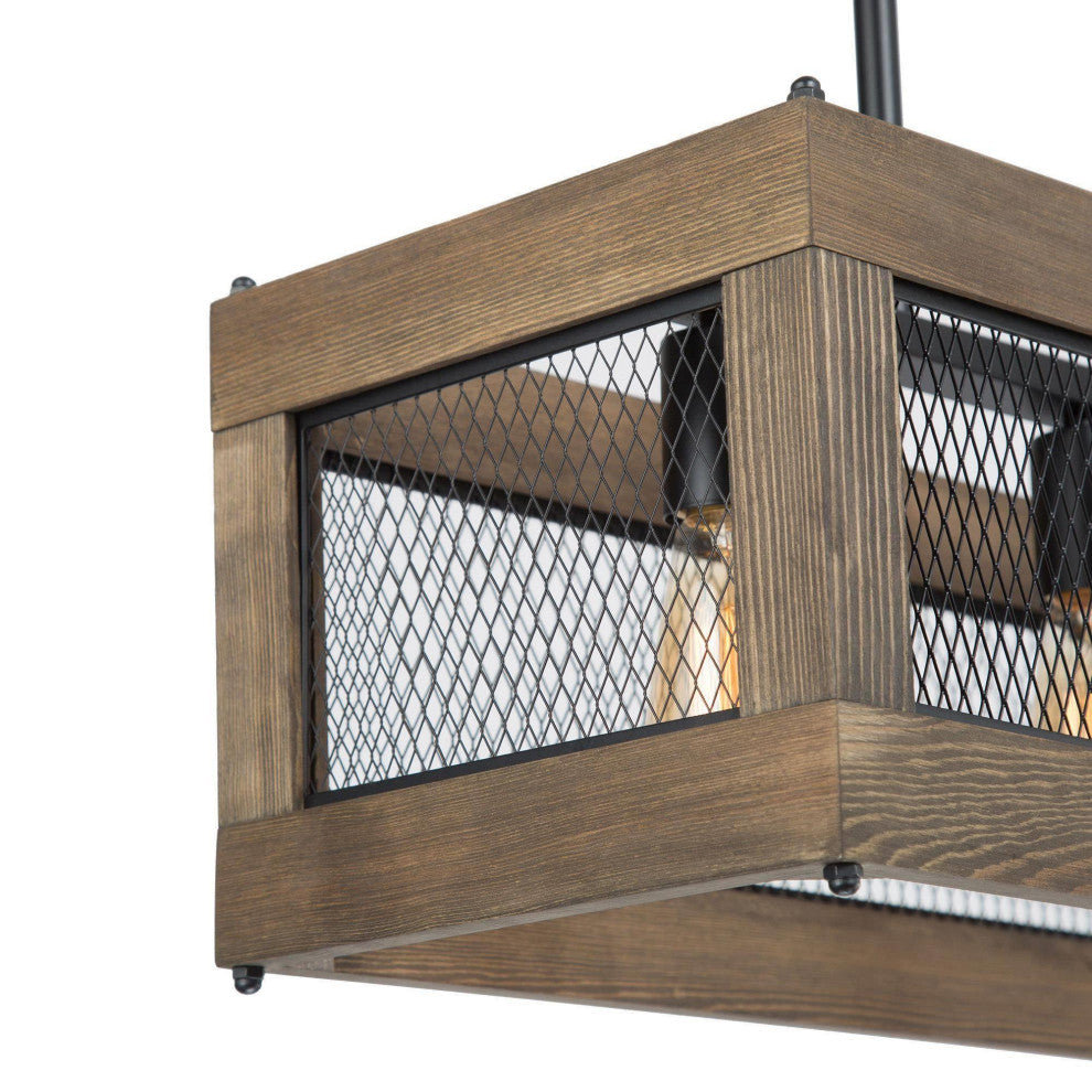 3-Ligths Matte Black Farmhouse Linear LED Kitchen Island Wooden Chandeliers