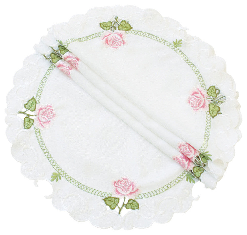 Summer Rose Embroidered Cutwork Spring Doilies, 12" Round, Set of 4
