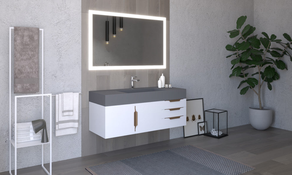 CastelloUSA Amazon 48" Wall Mounted Vanity Set, White, Gray Top, Gold Handles