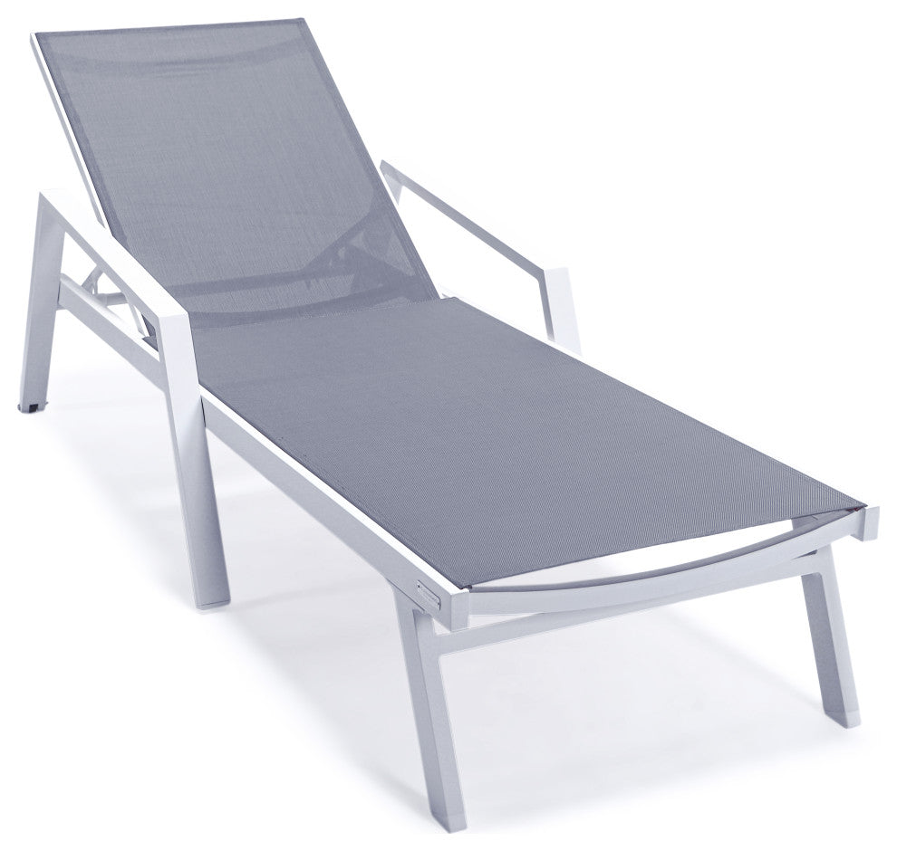 LeisureMod Marlin Patio Chaise Lounge Chair With Arms White Frame, Dark Gray