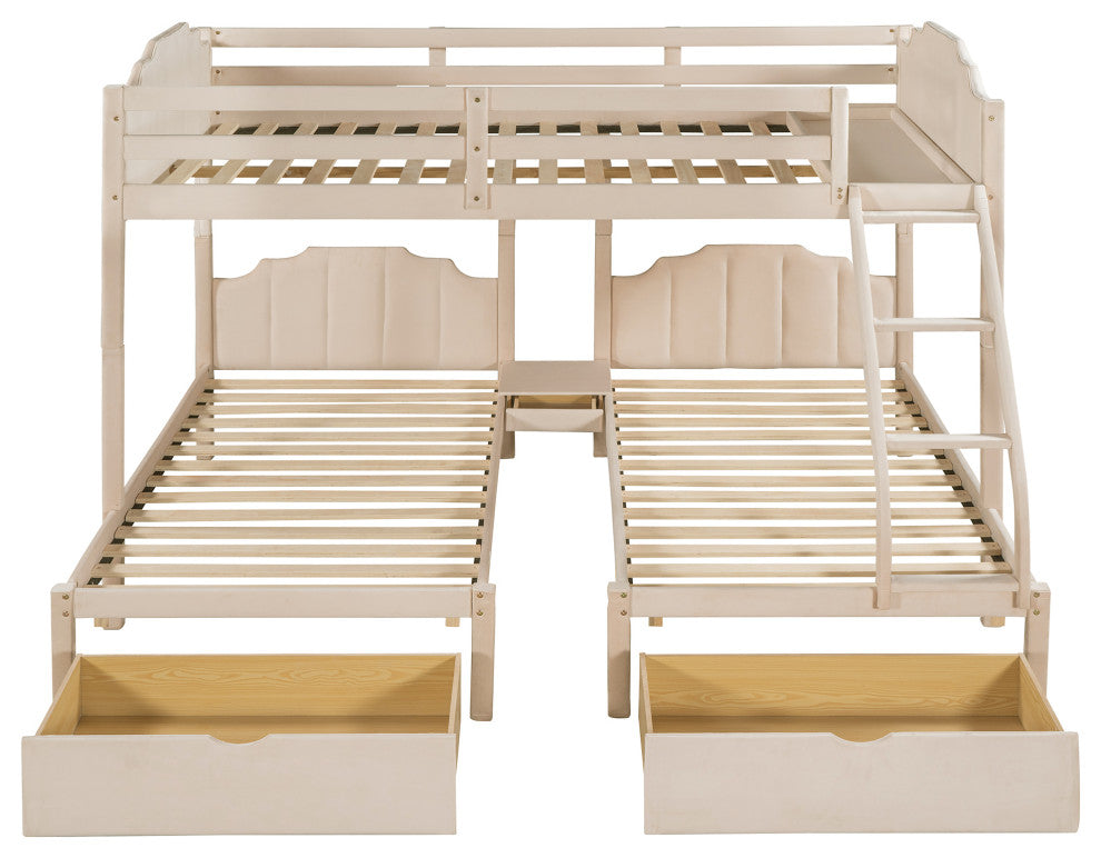 Gewnee Velvet Full Over Twin Triple Bunk Bed with Drawers in Beige