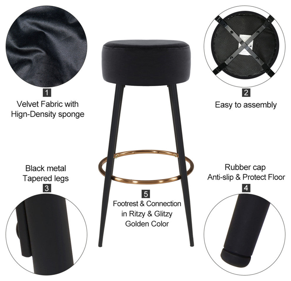 Minimalist Round Bar Stools, Black Velvet - 1 Piece, 30 Inch