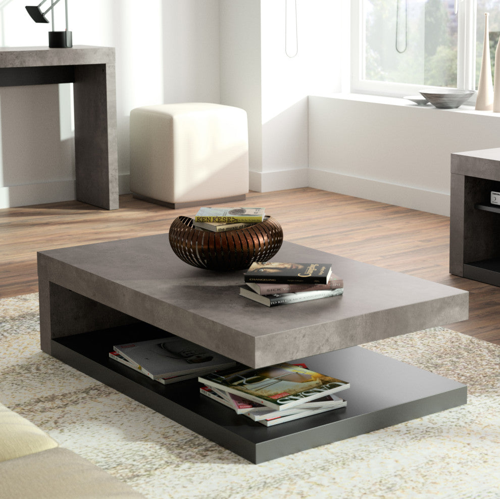 Modern Low Coffee Table, Gray and Black Layers, Faux Concrete