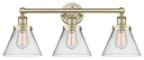 Edison Large Cone 3-Light 26" Vanity Light, Antique Brass Finish, Clear Shade