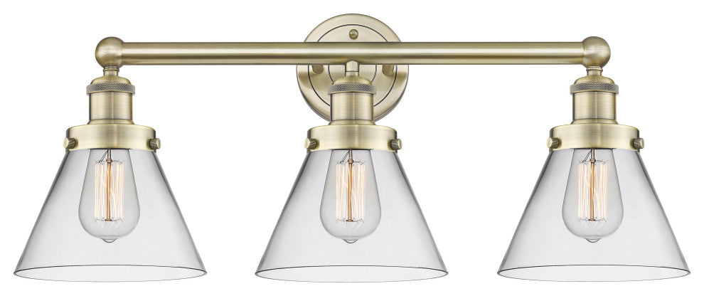 Edison Large Cone 3-Light 26" Vanity Light, Antique Brass Finish, Clear Shade