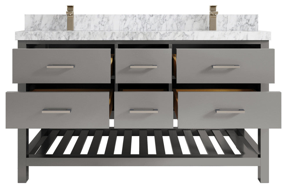 Parker 60 Double Sink Bathroom Vanity in Elephant Skin Gray  2" Carrara Marble