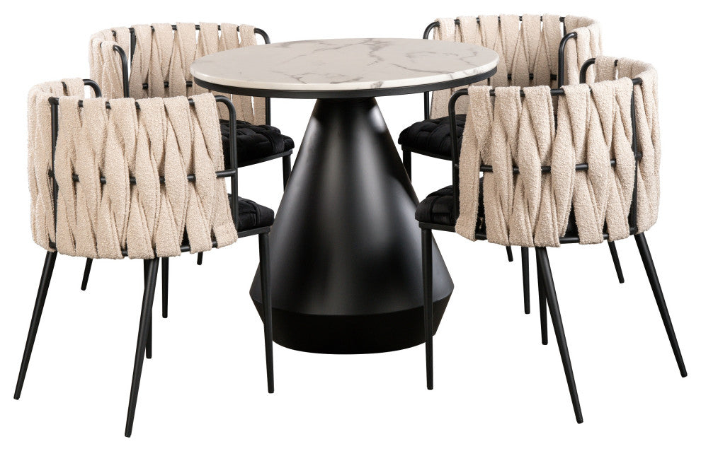 5-Piece Gigi Marble Top Dining Set in Black, Black and White