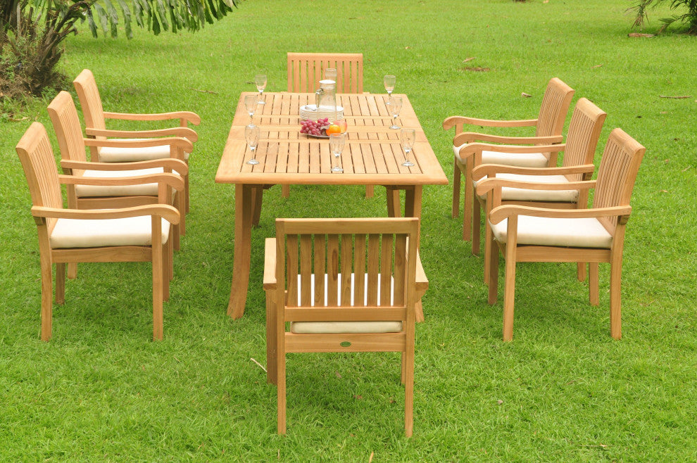 9-Piece Outdoor Teak Dining Set, 94" Rectangle Table, 8 Nain Stacking Chairs