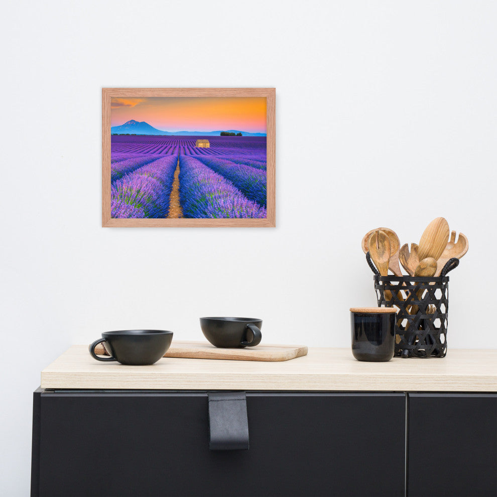 Blooming Lavender Field and Sunset Floral Landscape Framed Photo Wall Art Prints, Red Oak, 11" X 14"