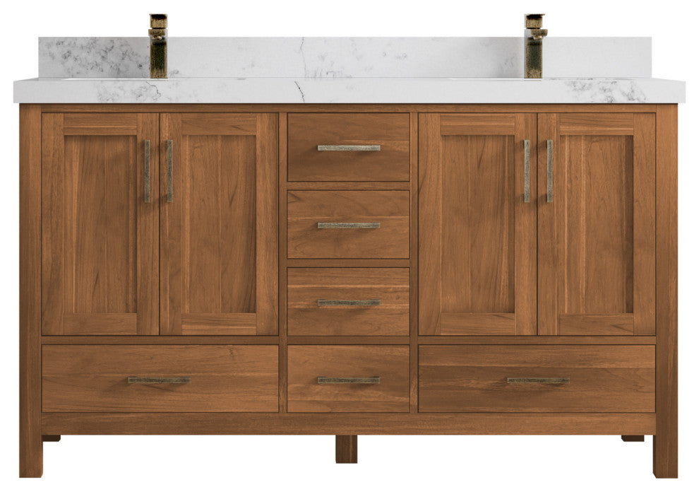 Malibu Teak 60 Double Sink Bathroom Vanity in Golden Teak 2" Calacatta Nuvo