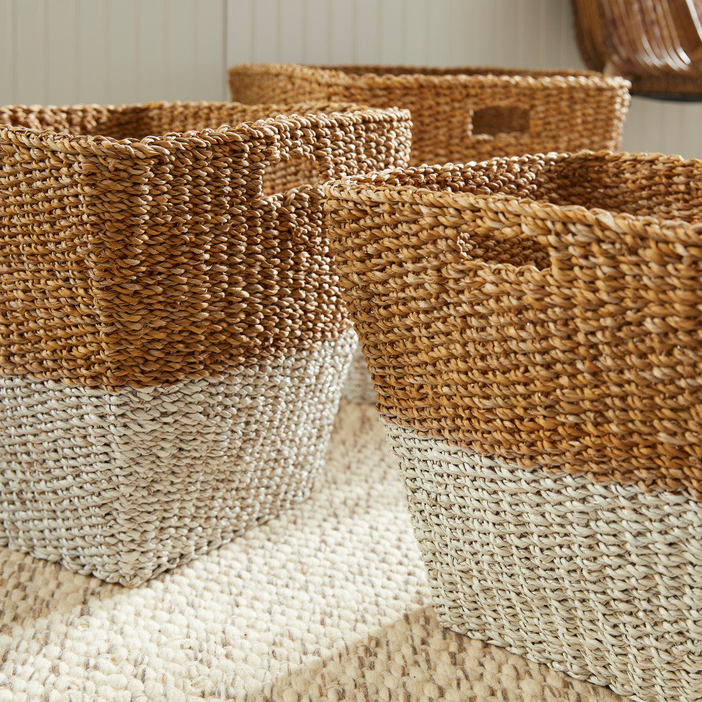 Set of 3 Two Tone Woven Sea Grass Tapered Square Storage Basket White Natural