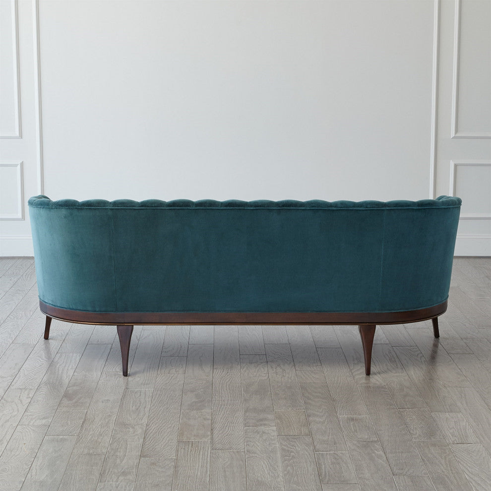 Dragonfly Aqua Blue Velvet Channel Back Sofa Vintage Style Retro Curved 3 Seat