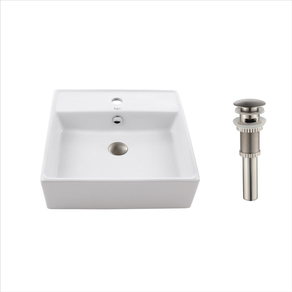 Elavo Ceramic Square Vessel White Sink, Overflow Drain Satin Nickel
