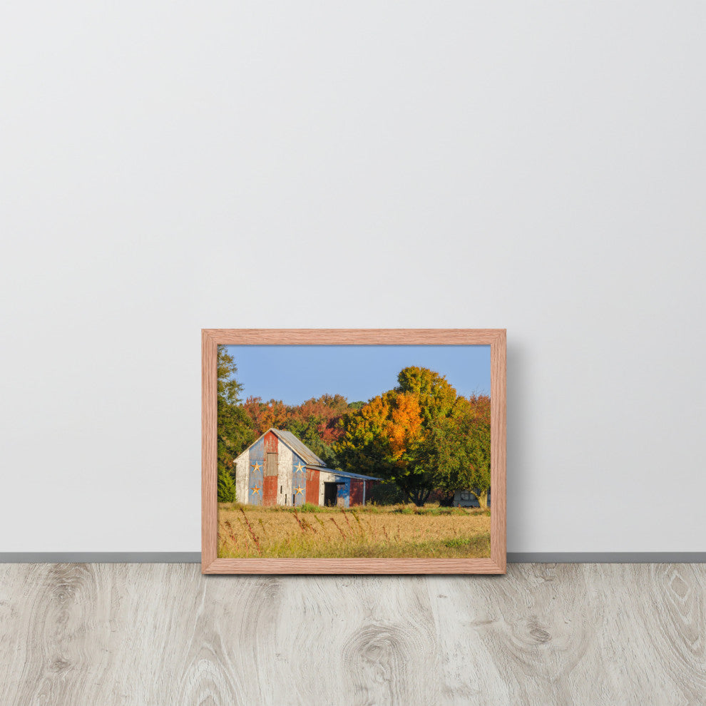 Patriotic Barn in Field Rural Landscape Framed Photo Paper Wall Art Prints, Red Oak, 11" X 14"
