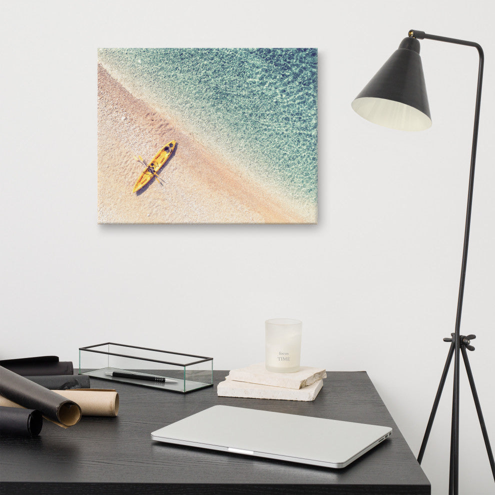 Yellow Canoe and Blue Sea by with Soft Violet Effect Canvas Wall Art Prints, 16" X 20"