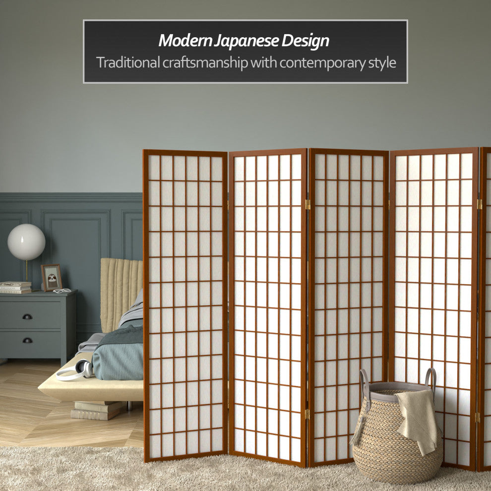 5' Tall Window Pane Shoji Screen, Walnut, 5 Panels