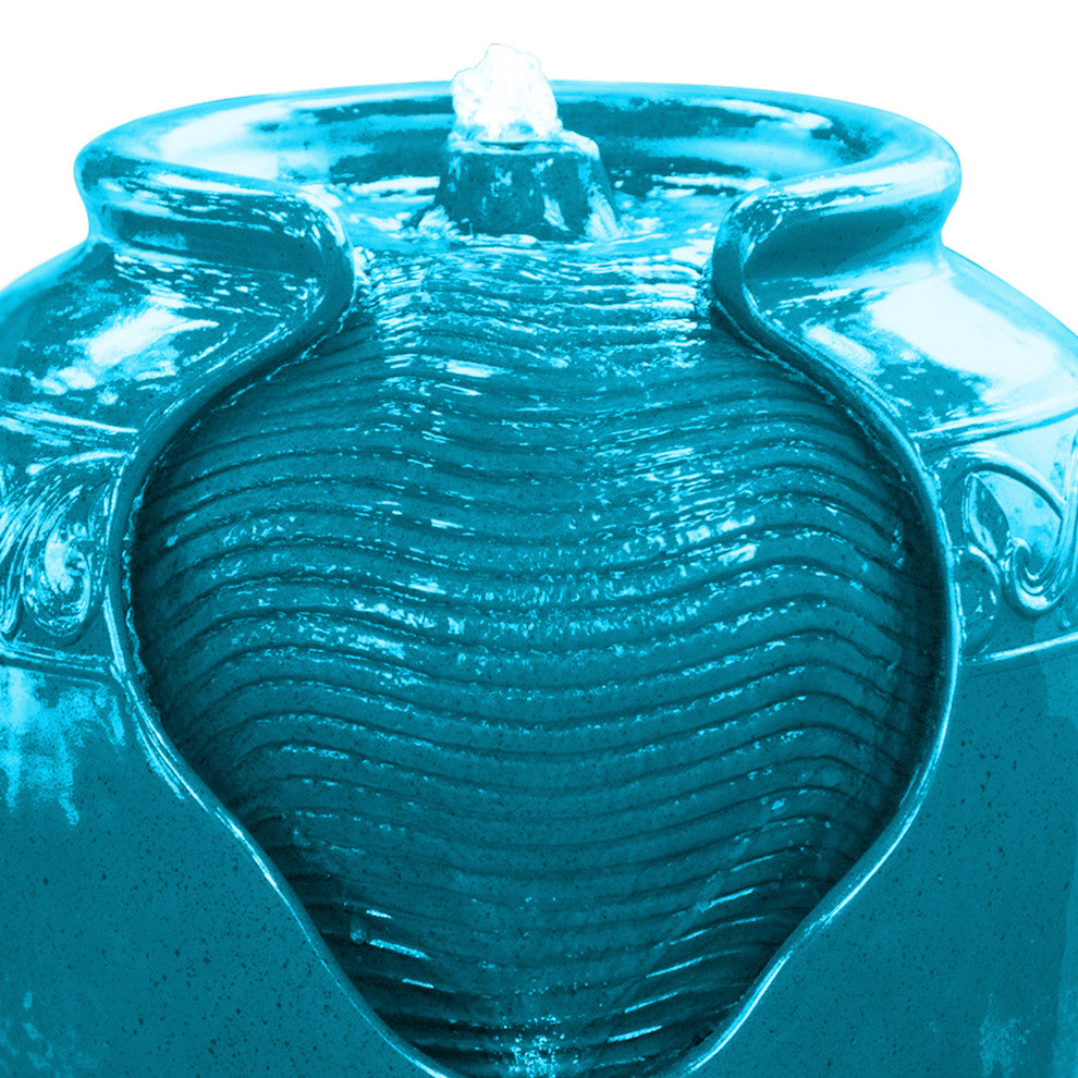 Glazed Pot Floor Fountain, LED Lights, Teal