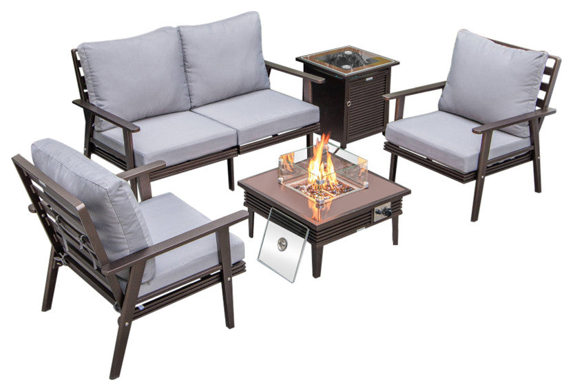 LeisureMod Walbrooke Patio Conversation Set With Fire Pit Table, Grey