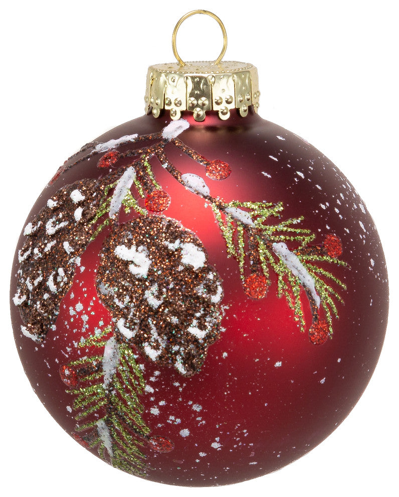 Kurt Adler 80MM Glass Red With Pinecone Design Ball Ornaments, 6 Piece Box Set