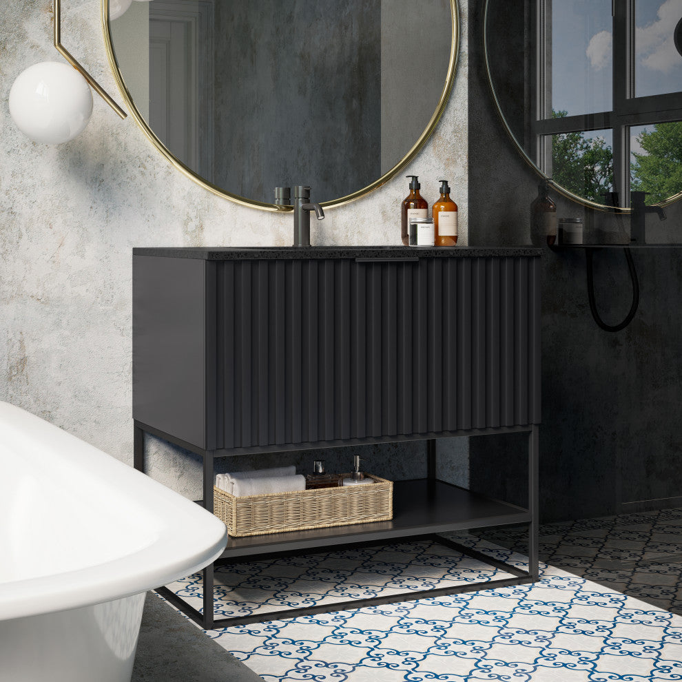 Terra Bathroom Vanity, Black, 36", Black Top