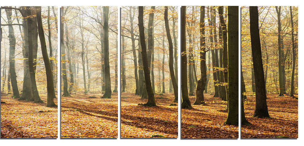 Bright Autumn Day in Thick Forest, Modern Forest Canvas Art, 60"x28", 5 Panels