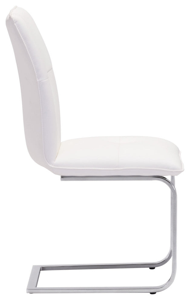 Set of Two White Faux Leather and Chrome Contempo Comfy Dining Chairs