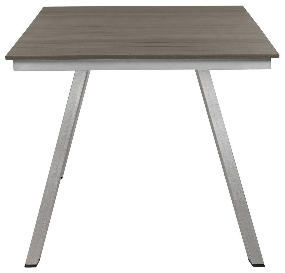 Benzara BM287730 Outdoor Table, Polyresin Plank Top, Smooth Gray Aluminum Frame