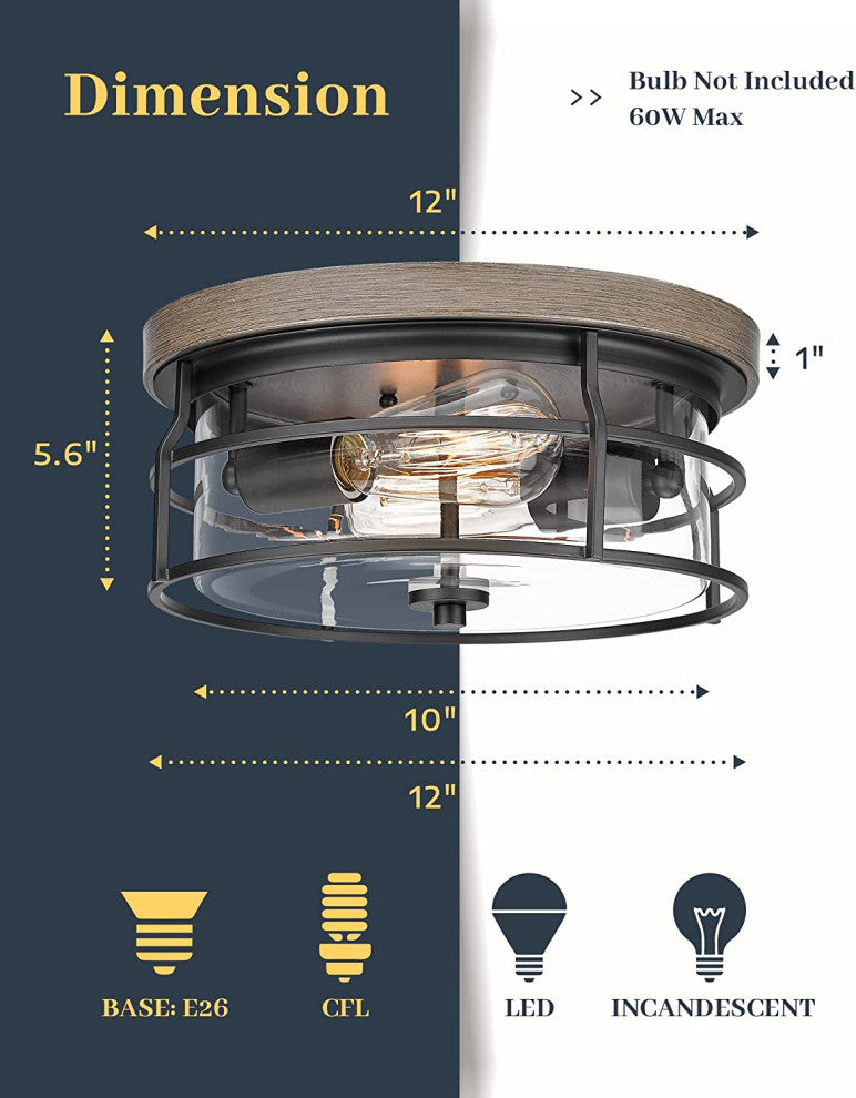 2 Light Flush Mount Ceiling Light Fixture, Farmhouse, Vintage