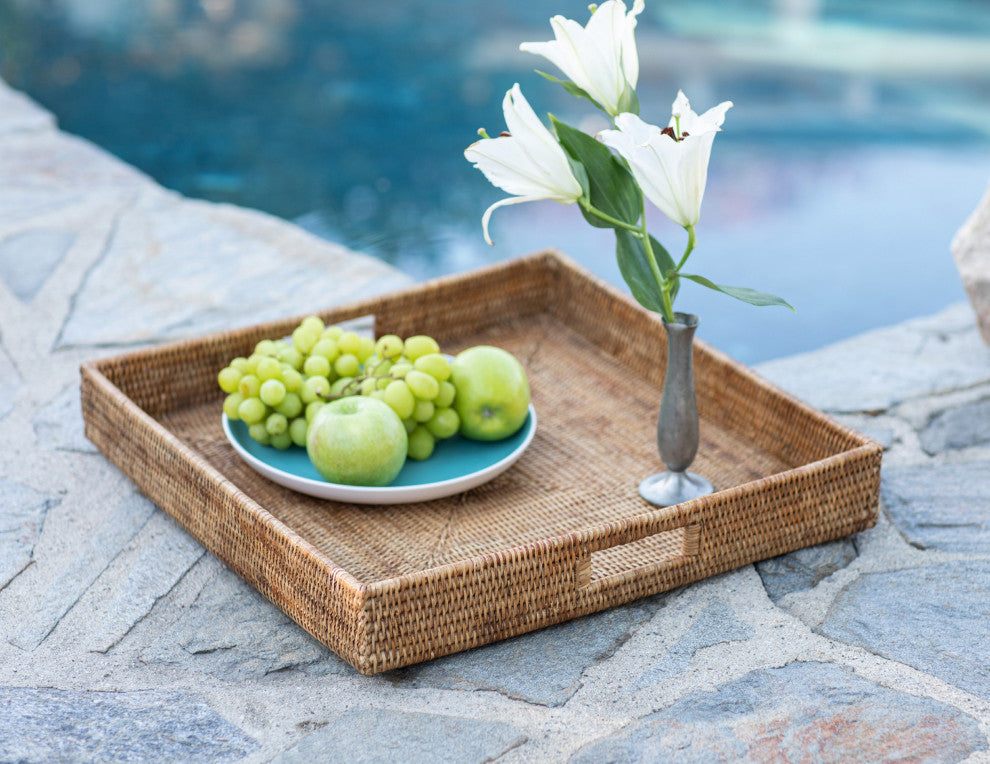 Artifacts Rattan™ Square Ottoman Tray with Cutout Handles, Honey Brown, 24"x24"