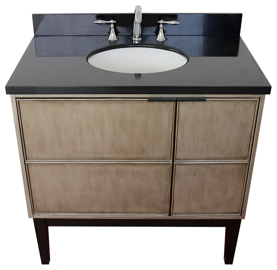 37" Single Vanity, Linen Brown Finish With Black Galaxy Top And Oval Sink