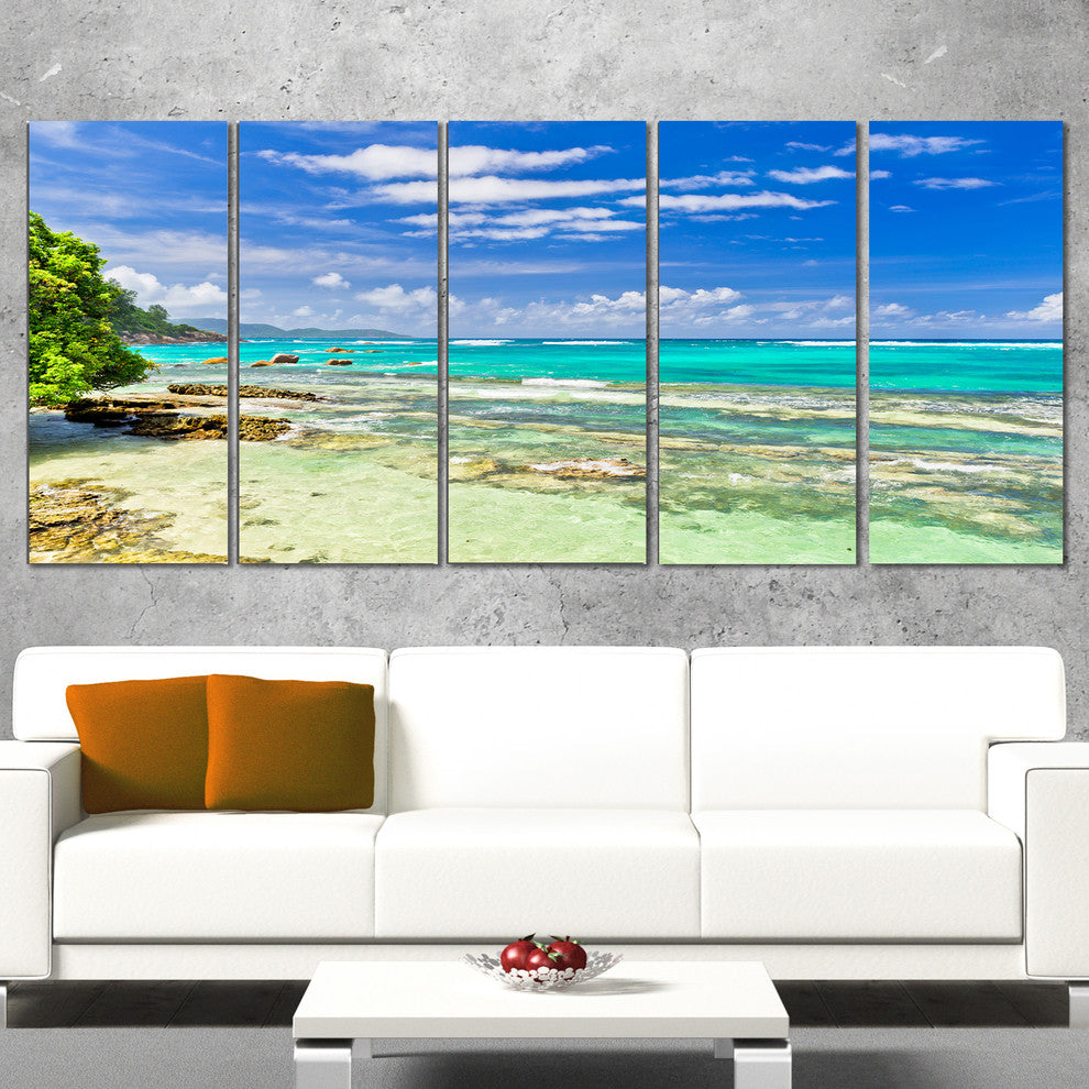 "Tranquil Seychelles Tropical Beach" Modern Seascape Wall Art, 5 Panels, 60"x28"