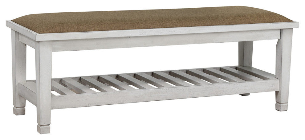 Upholstered Bench With Slatted Bottom Shelf Design, Antique White