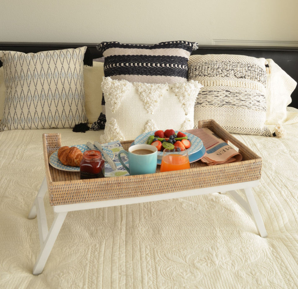 La Jolla Rattan Breakfast Tray With Foldable Legs, White Wash