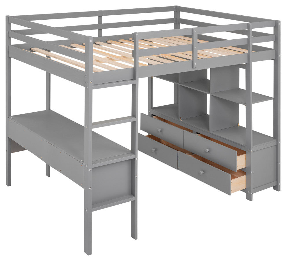 Gewnee Full Size Loft Bed with Built-in Desk with Two Drawers in Gray