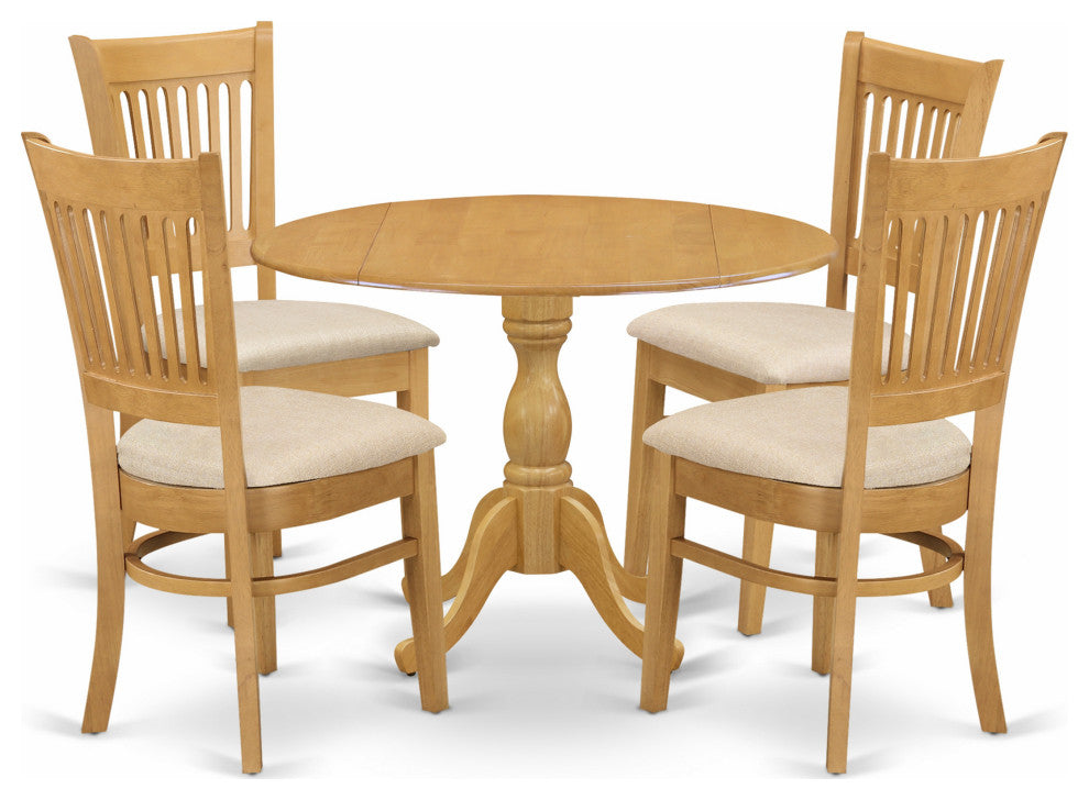 5 Pc Dining Set, Oak Table, 4 Oak Dining Chairs, Slatted Back, Oak Finish