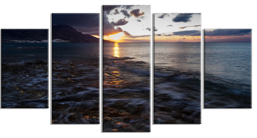 "Gloomy Sea Coast At Sunrise" Modern Seashore Canvas Art, 5 Panels, 60"x32"