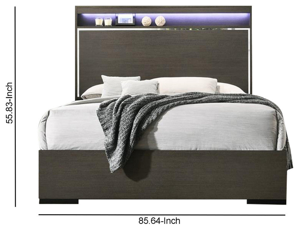 Benzara BM230684 Wooden Eastern King Bed With LED Storage Shelf, Gray