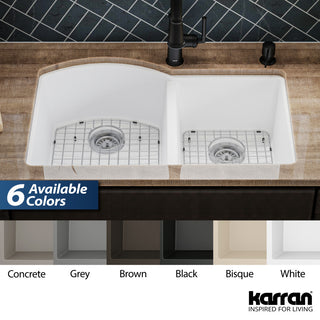 Karran Undermount Quartz 32" 60/40 Double Bowl Kitchen Sink Kit, White