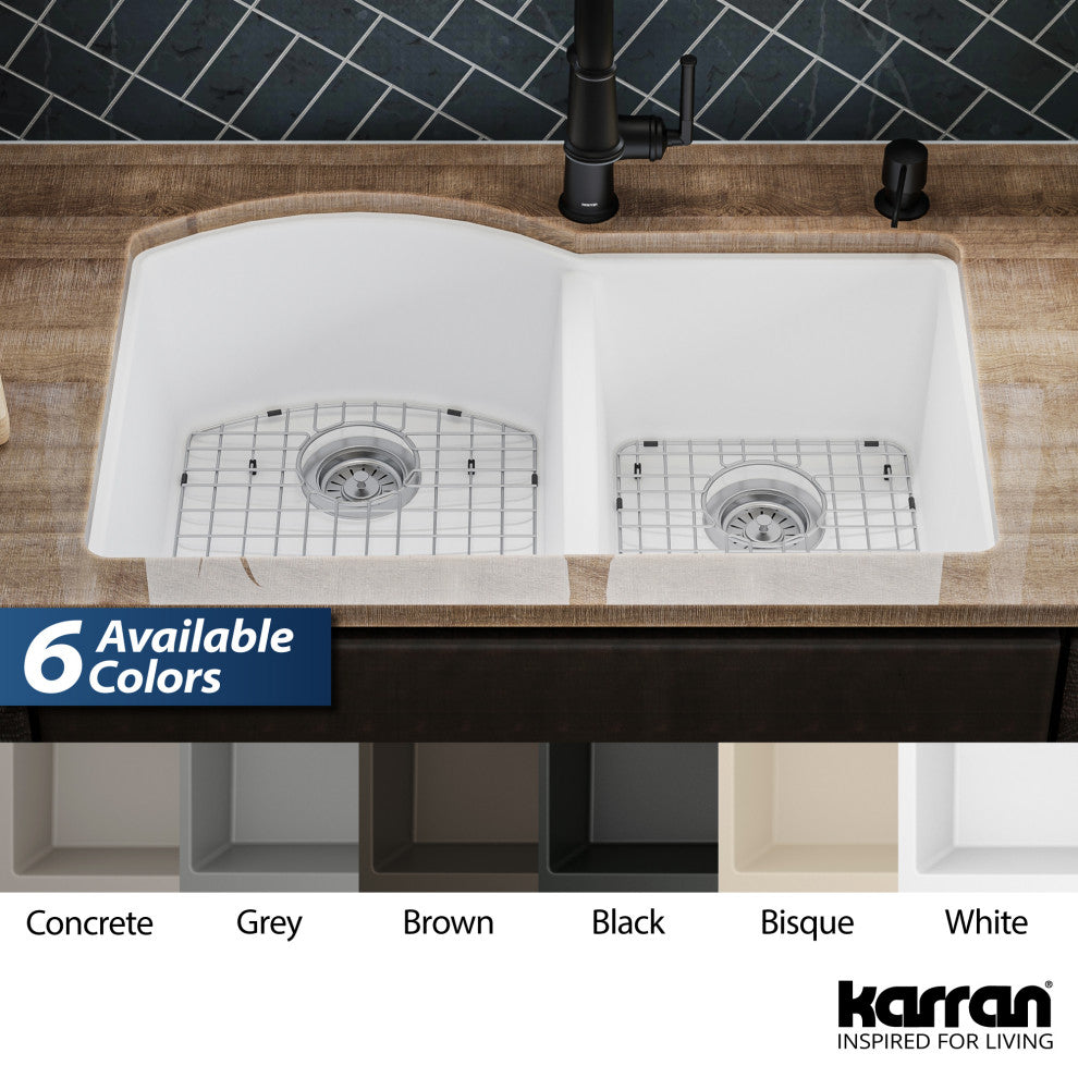 Karran Undermount Quartz 32" 60/40 Double Bowl Kitchen Sink Kit, White