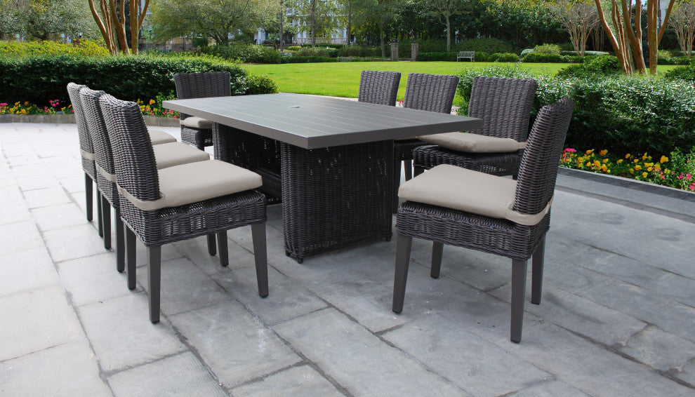 Venice Rectangular Outdoor Patio Dining Table With 8 Armless Chairs Aruba, Beige